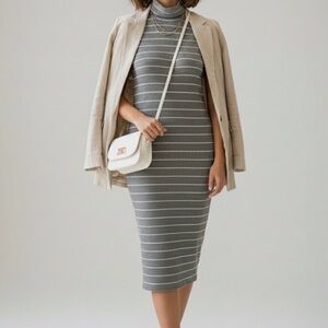 Sleeveless Striped Midi Dress Gray White Turtleneck Minimalist Chic Size XS